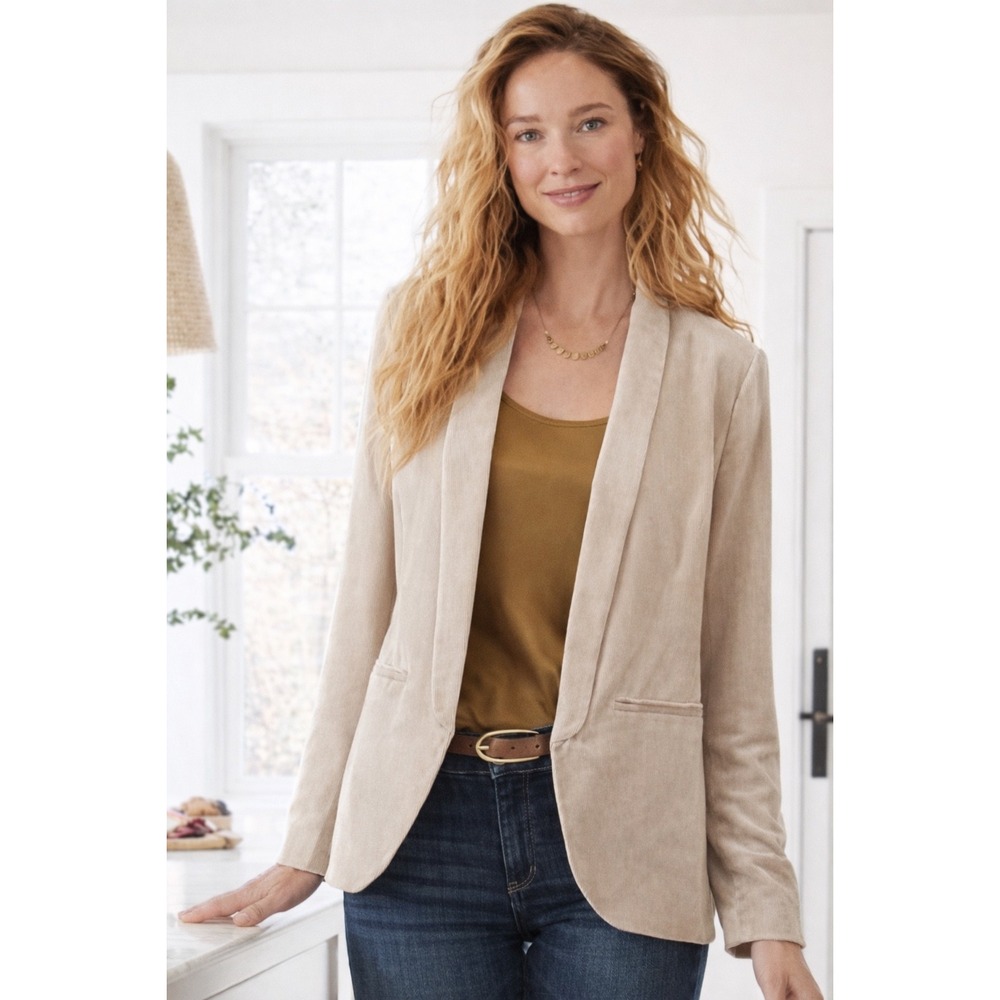 Garnet Hill Silk Blend Velvet Blazer Champagne Tanβ Shawl Collar Open Front XS